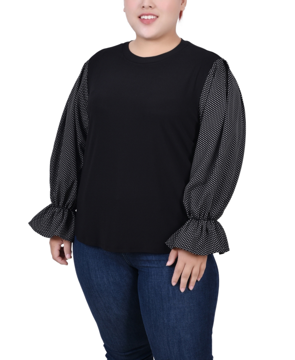 Plus Size Long Sleeve Top with Printed Sleeves - Black White Dot