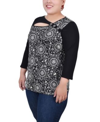 Plus Size 3/4 Sleeve Puff Print Cutout Top