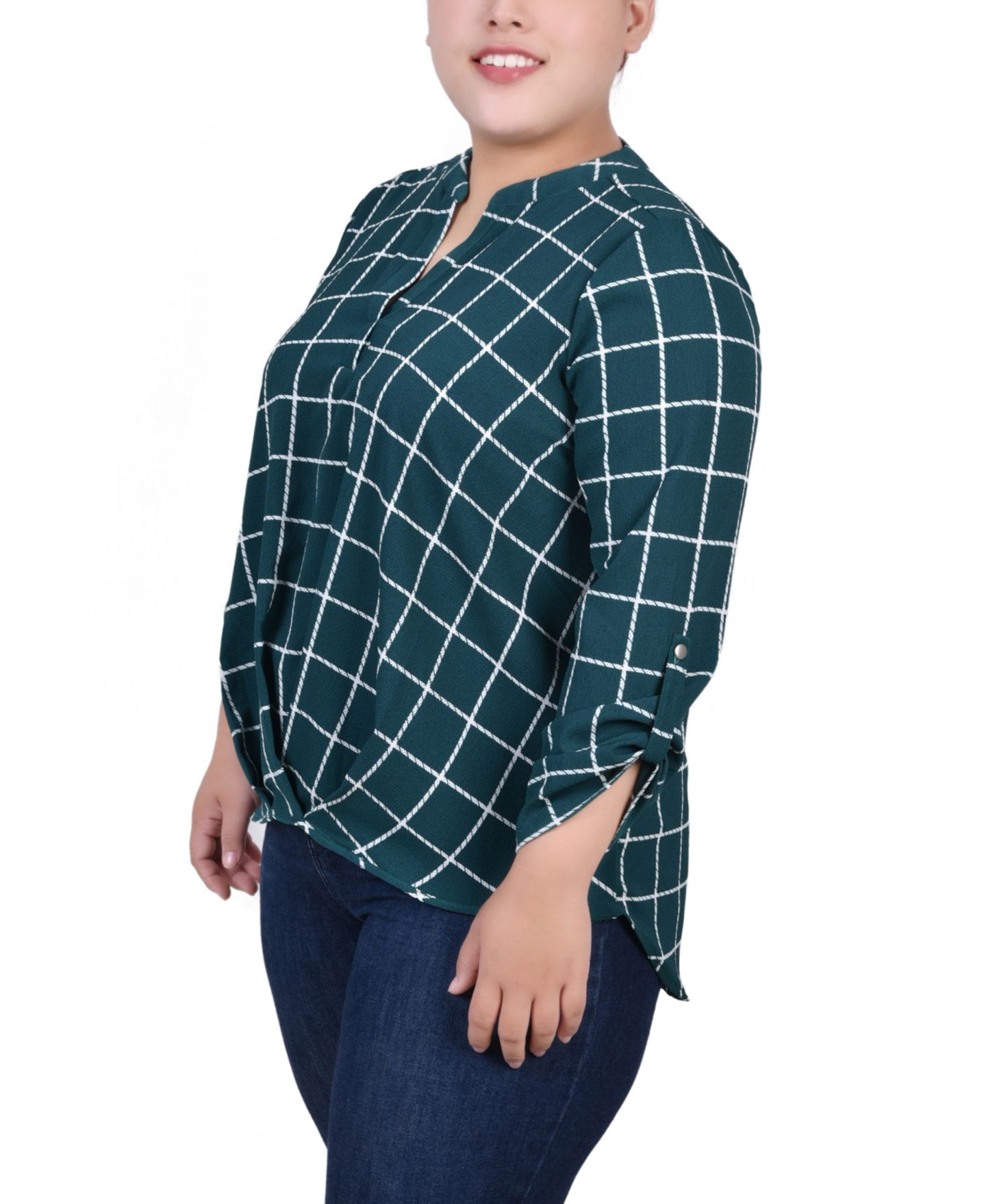 Женская блузка NY Collection Plus Size 3/4 Sleeve Mandarin Collar with Front Pleats, цвет: Зелёный с принтом — фото 3