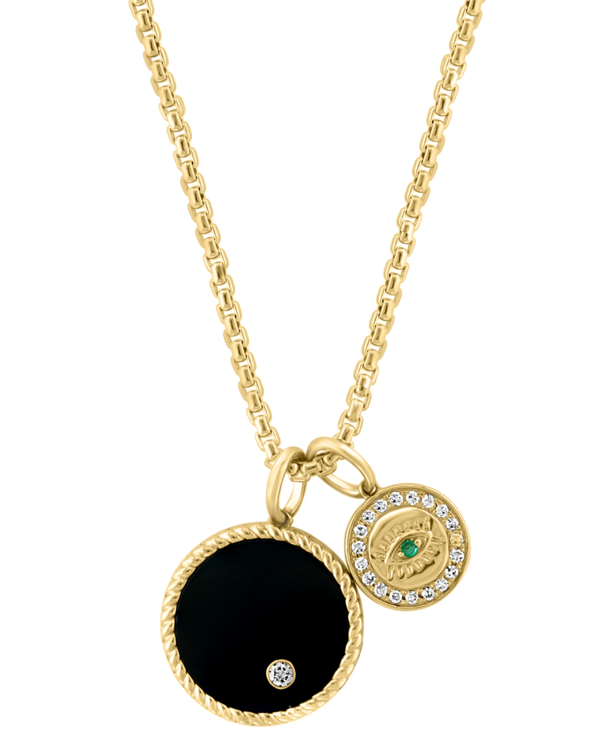 Effy Men's Onyx, Emerald Accent, & Diamond (1/6 ct. t.w.) Two Charm 22" Pendant Necklace in 14k Gold - Yellow Gold