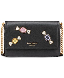 Gala Stone Embellished Saffiano Leather Flap Chain Crossbody Wallet