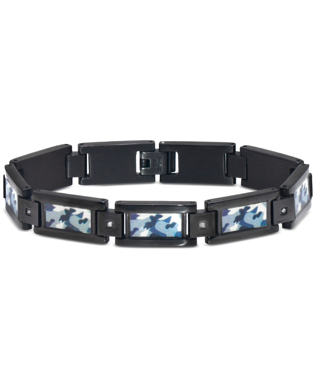 Macy's Men's Diamond Accent Camo Carbon Fiber Link Bracelet In Black Ion-plated Stainless Steel