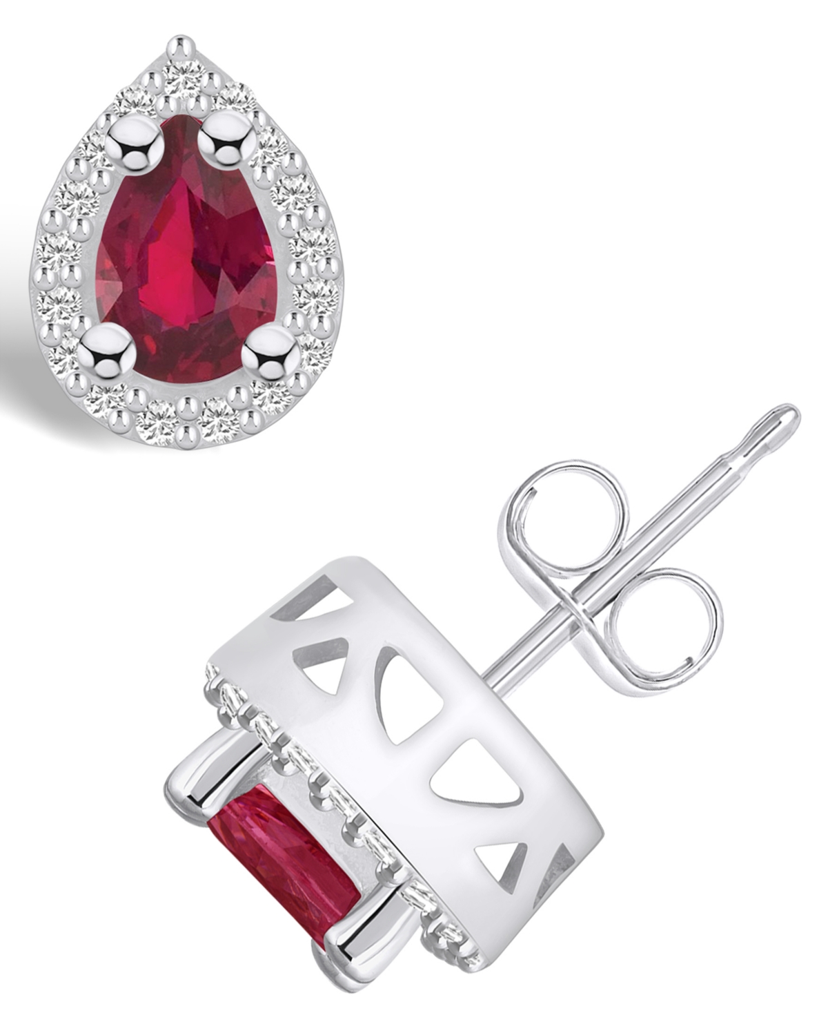 Macy's Ruby (1 Ct. T.w.) And Diamond (1/6 Ct. T.w.) Halo Stud Earrings In White Gold