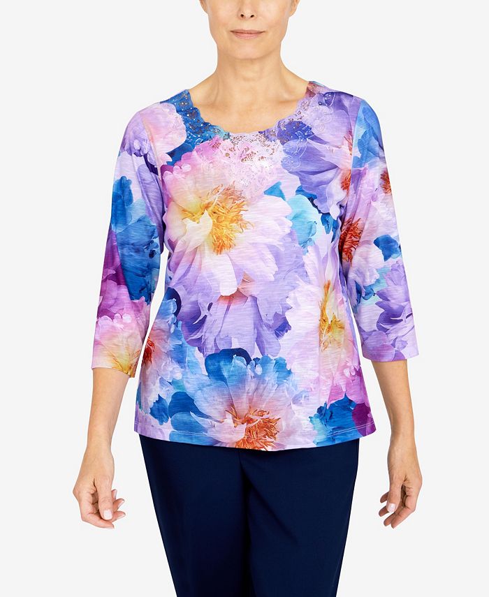 Haut Femme Alfred Dunner Taille L, Blanc Cassé, Imprimé Floral, Col Rond, Ornements Cloutés - Lavable