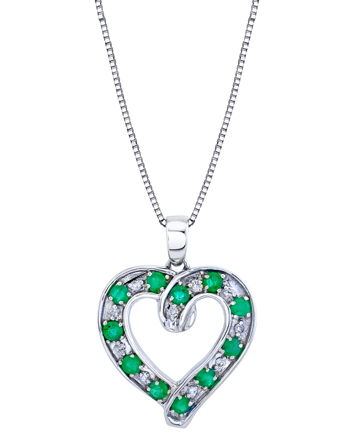 Macy's Emerald (7/8 Ct. T.w.) & Diamond (1/10 Ct. T.w.) Heart 18" Pendant Necklace In Sterling Silver