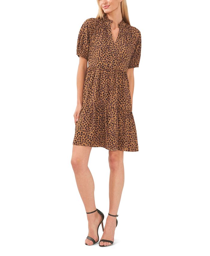 CeCe Women's Leopard-Print Babydoll Puff-Sleeve Tiered Dress - Macy's