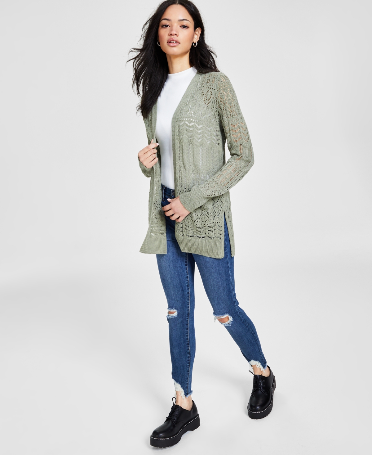 Hippie Rose Juniors' Pointelle Open-front Long-sleeve Cardigan In Eco Olive