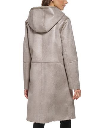 DKNY Women's Hooded Faux Shearling Coat Black Size Medium