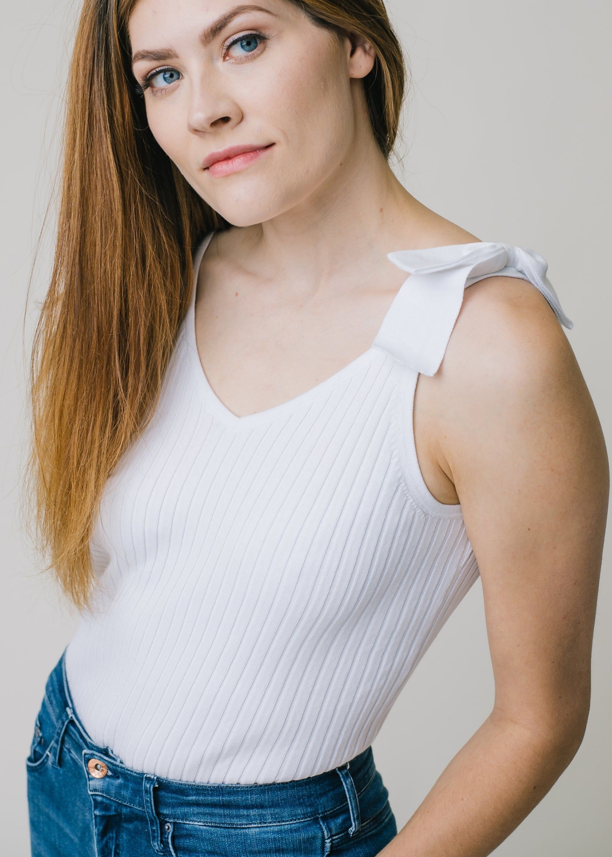 Hope & Henry Womens' V-Neck Rib Knit Tank with Bow