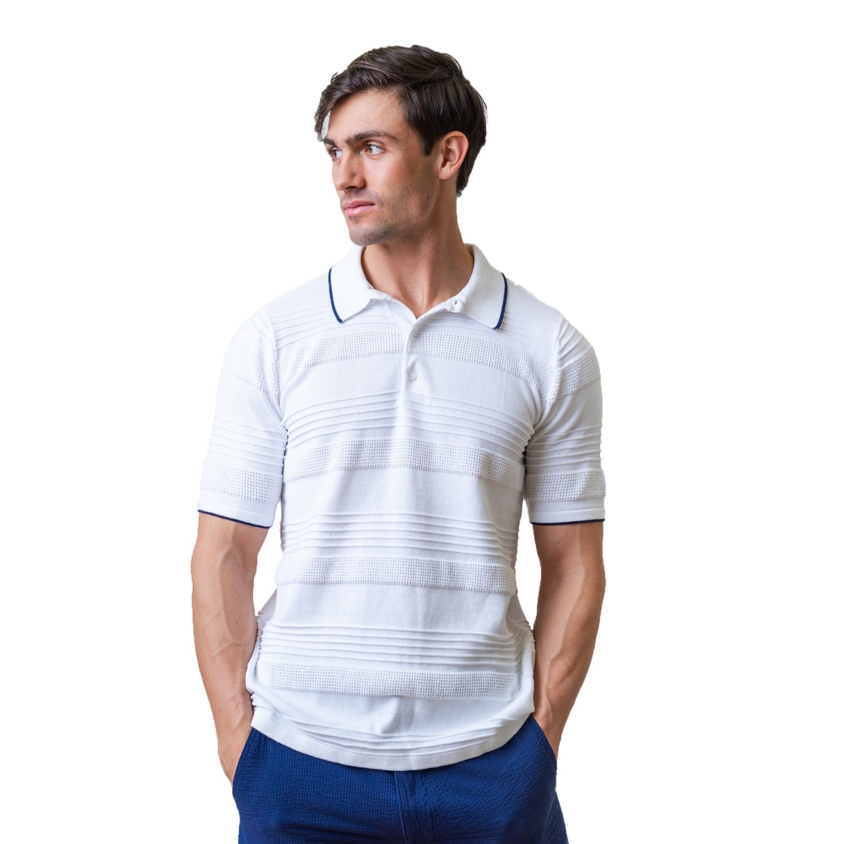 Men's Short Sleeve Sweater Polo - White Textured Stripe