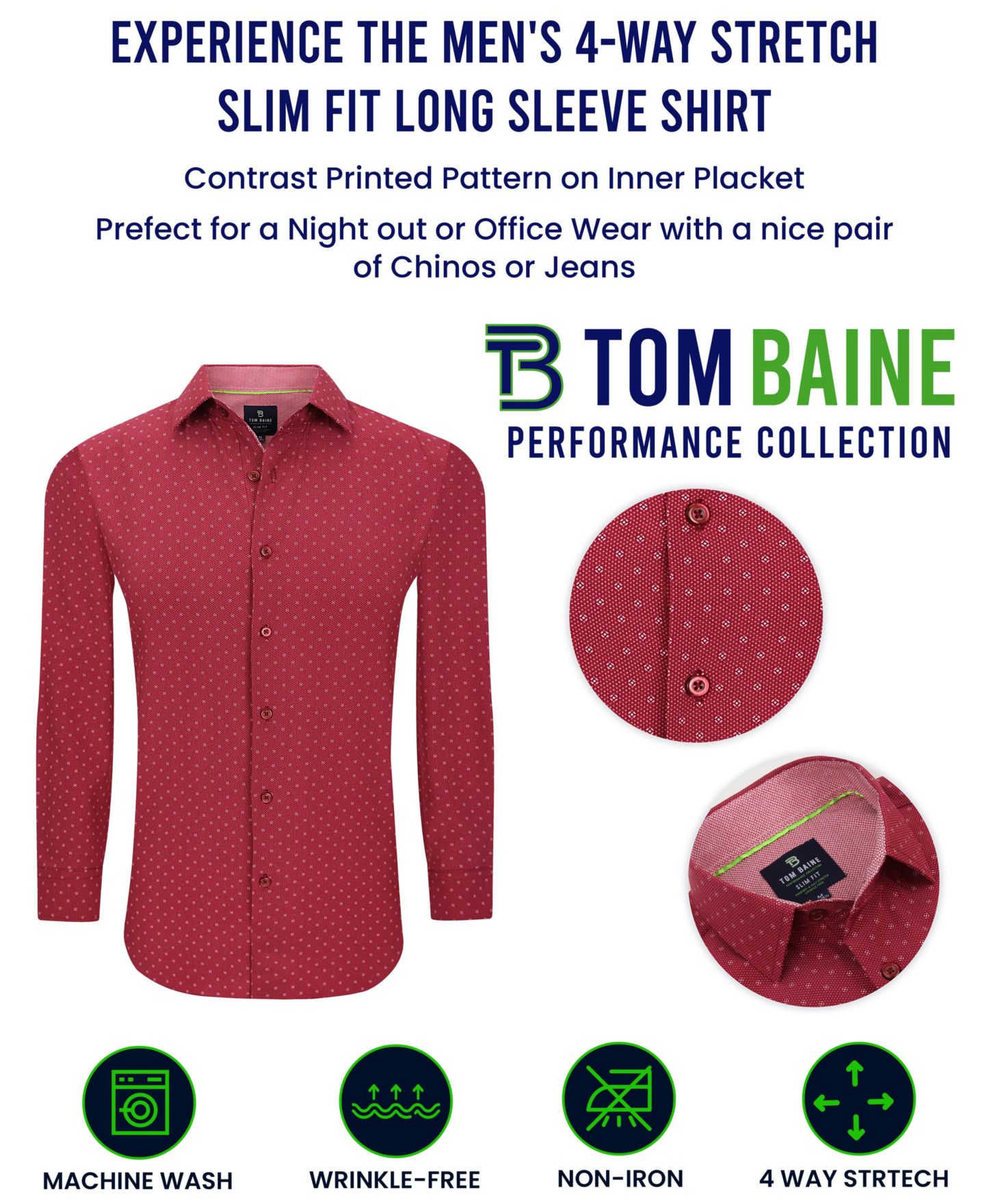Мужская рубашка Tom Baine Slim Fit Performance Long Sleeve Geometric Button Down Dress Shirt, цвет: Чёрный — фото 6