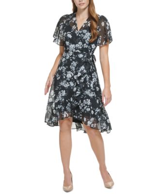 Calvin Klein Women s Floral Print Ruffled Faux Wrap Fit Flare Dress Macy s