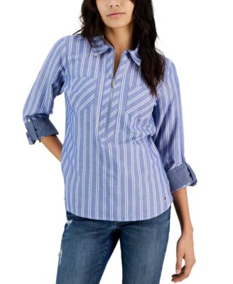 Tommy Hilfiger - Women's Striped Half-Zip Roll-Tab Shirt