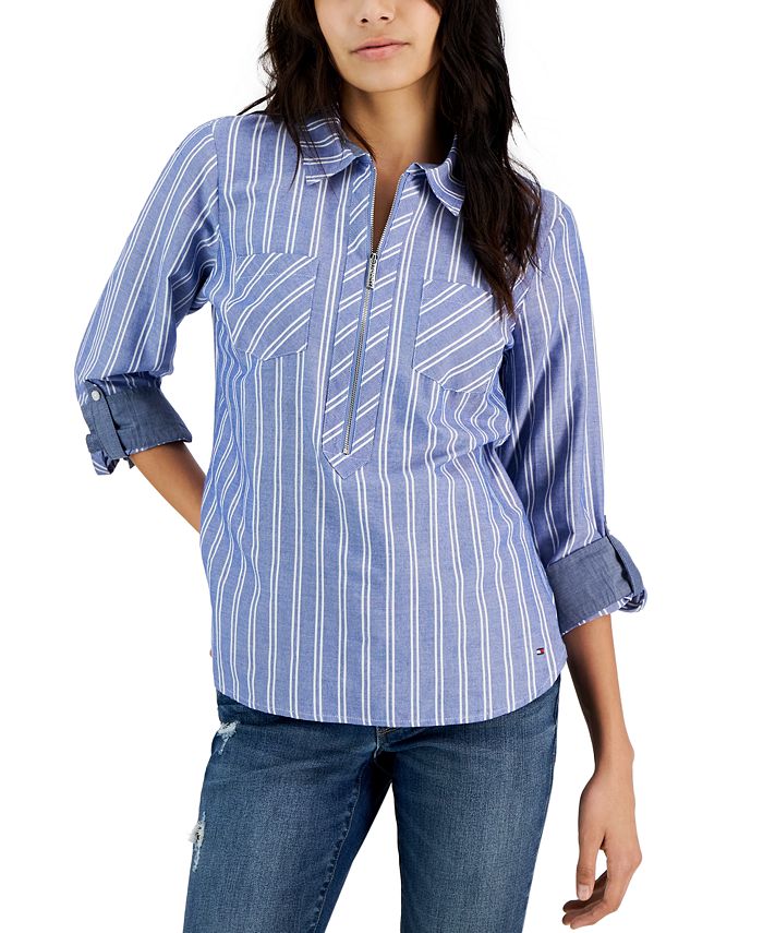 Women's Striped Half-Zip Roll-Tab Shirt
