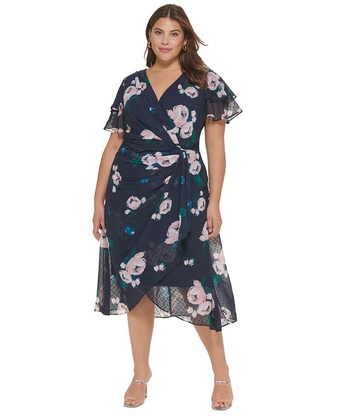 DKNY Plus Size Double-Ruffle Floral-Print Faux-Wrap Dress - Macy's