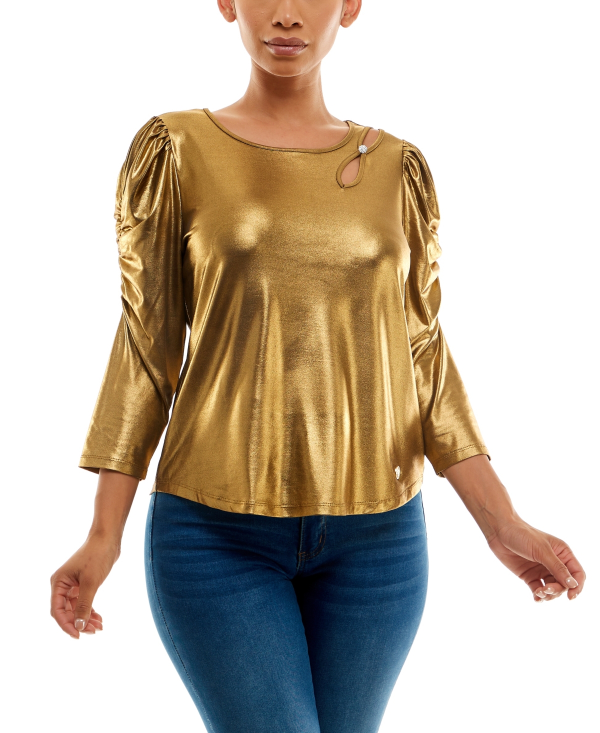 Adrienne Vittadini Women's 3/4 Shirred Sleeve Top With Cut Out Detail At The Shoulder In Gold Metallic