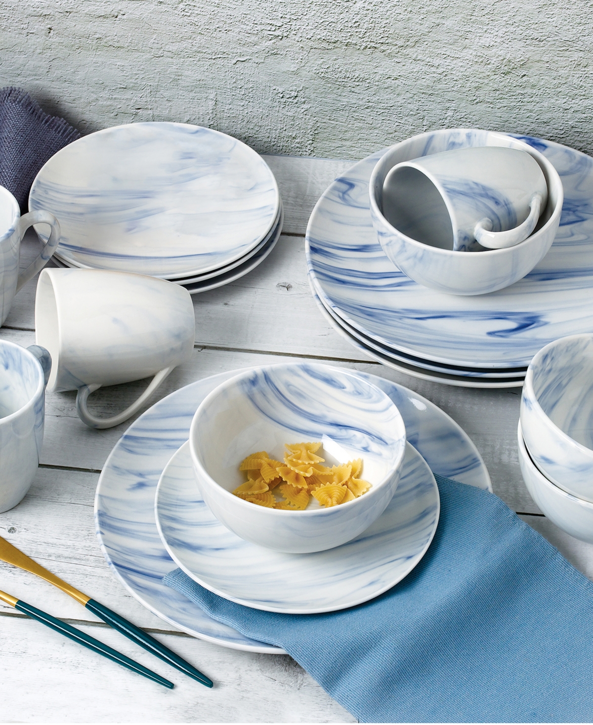 Lorren Home Trends Marble 16 Piece Service for 4 Dinnerware Set Blue Smart Closet
