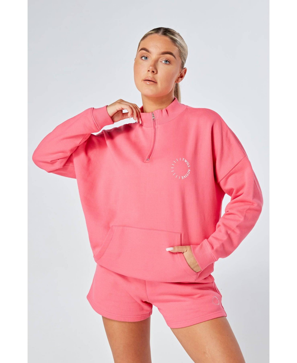 Women's Essentials Oversized Funnel Neck Zip up Sweatshirt - Pink