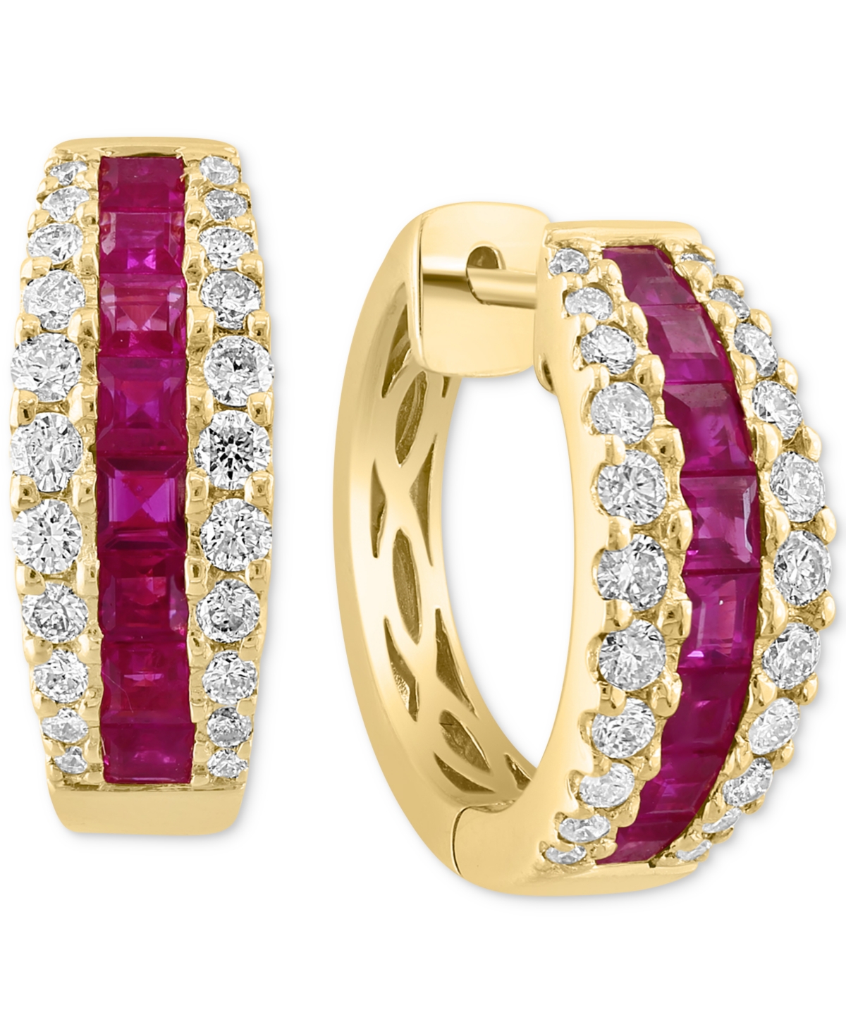 Effy Ruby (1-5/8 ct. t.w.) & Diamond (3/4 ct. t.w.) Small Hoop Earrings in 14k Gold, 0.72" - Ruby