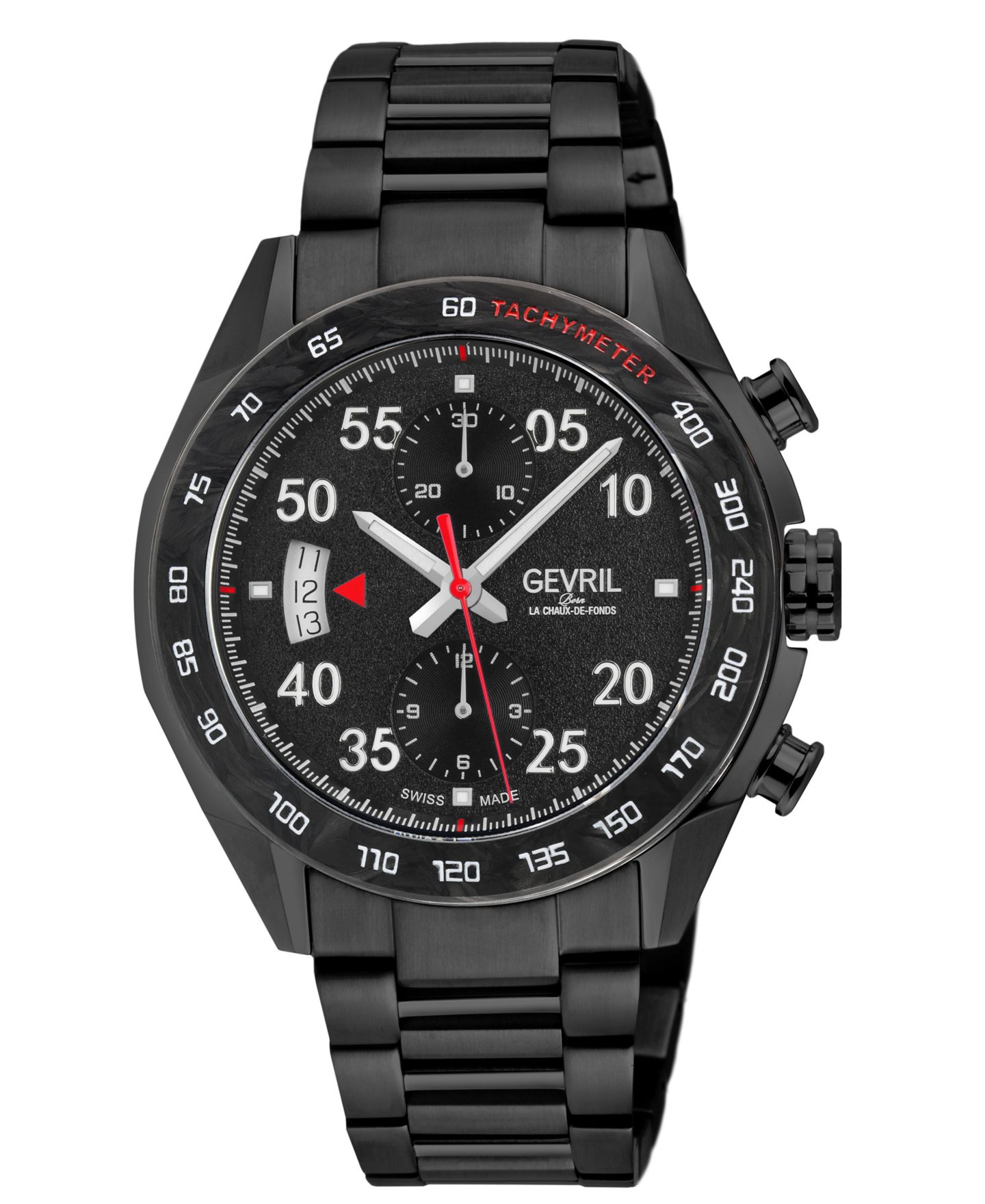 Мужские часы Gevril Swiss Made Ascari Chronograph Swiss Automatic IP Stainless Steel Bracelet Watch, цвет: Чёрный — фото 1