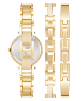 Women's Gold-Tone Alloy Bangle with White Enamel and Crystal Accents Fashion Watch 33mm Set 3 Pieces