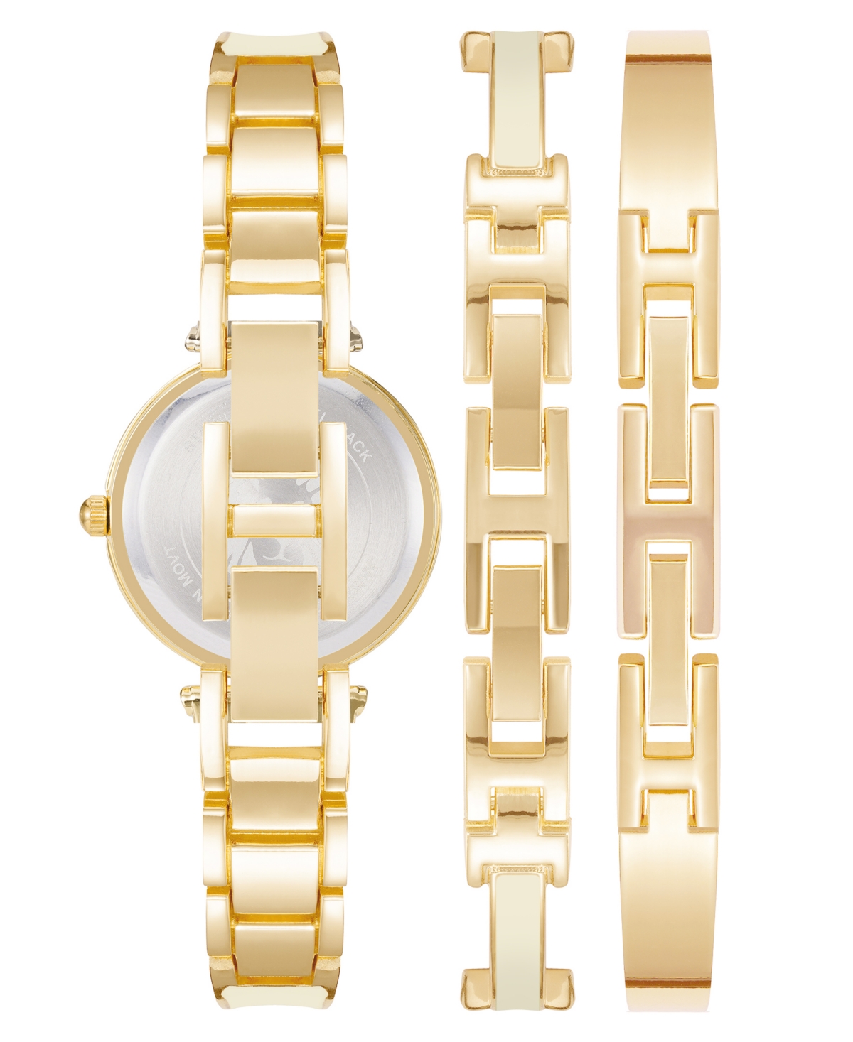 Anne Klein Women's Gold-tone Alloy Bangle With White Enamel And Crystal Accents Fashion Watch 33mm Set 3 Pieces In Gold-tone,white
