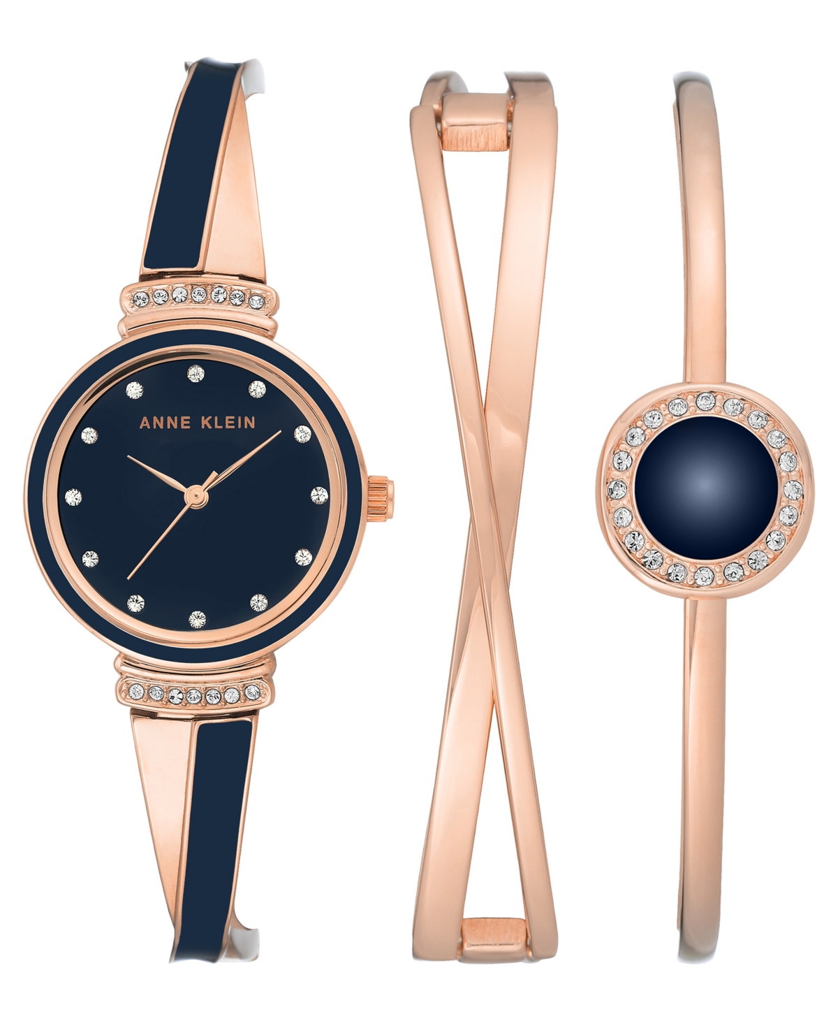 Anne Klein Women's Rose Gold-tone Alloy Bangle With Navy Enamel And Crystal Accents Fashion Watch 33mm Set 3 Pi In Rose Gold-tone,navy