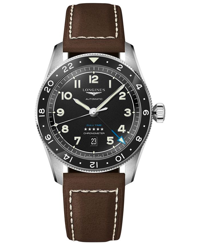 Longines Men's Swiss Automatic Spirit Zulu Time Brown Leather Strap ...