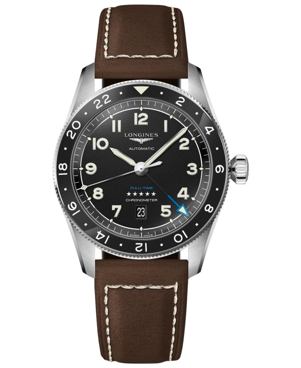 Men's Swiss Automatic Spirit Zulu Time Brown Leather Strap Watch 42mm - Black