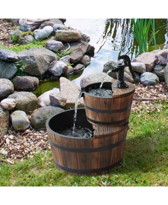2 Tier Fountain Rustic Wood Barrel Water Fountain w/ Pump Garden Decor