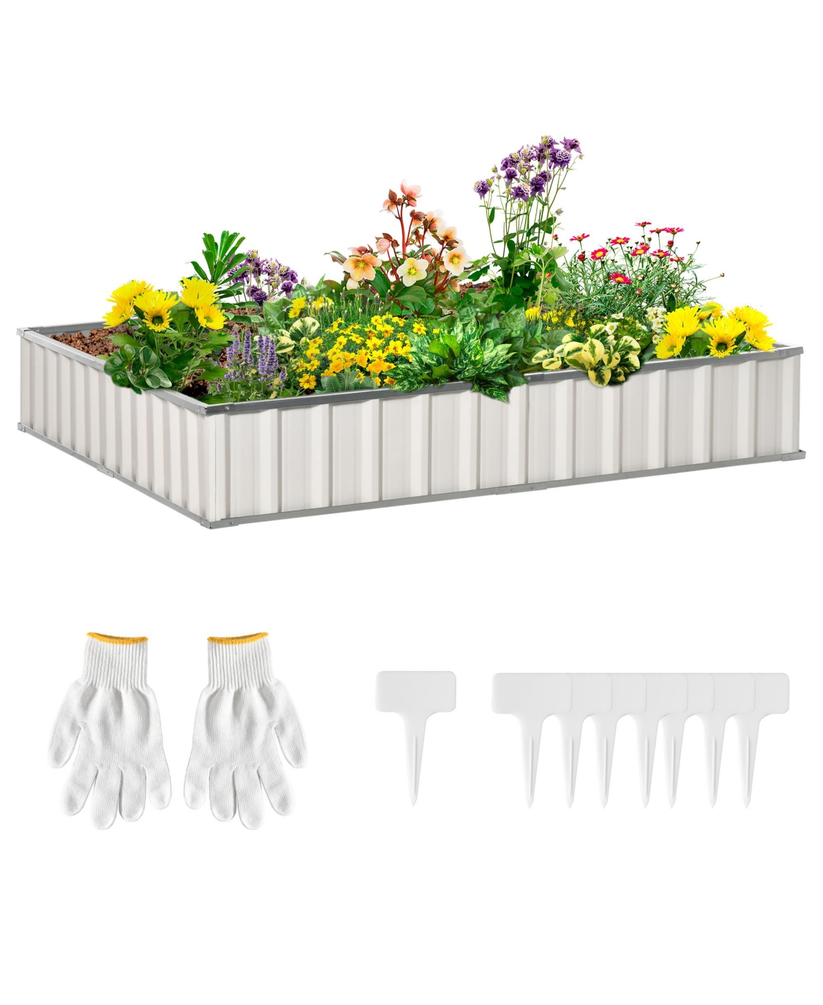 Metal Raised Garden Bed No Bottom Large Steel Planter Box w/ Gloves - White