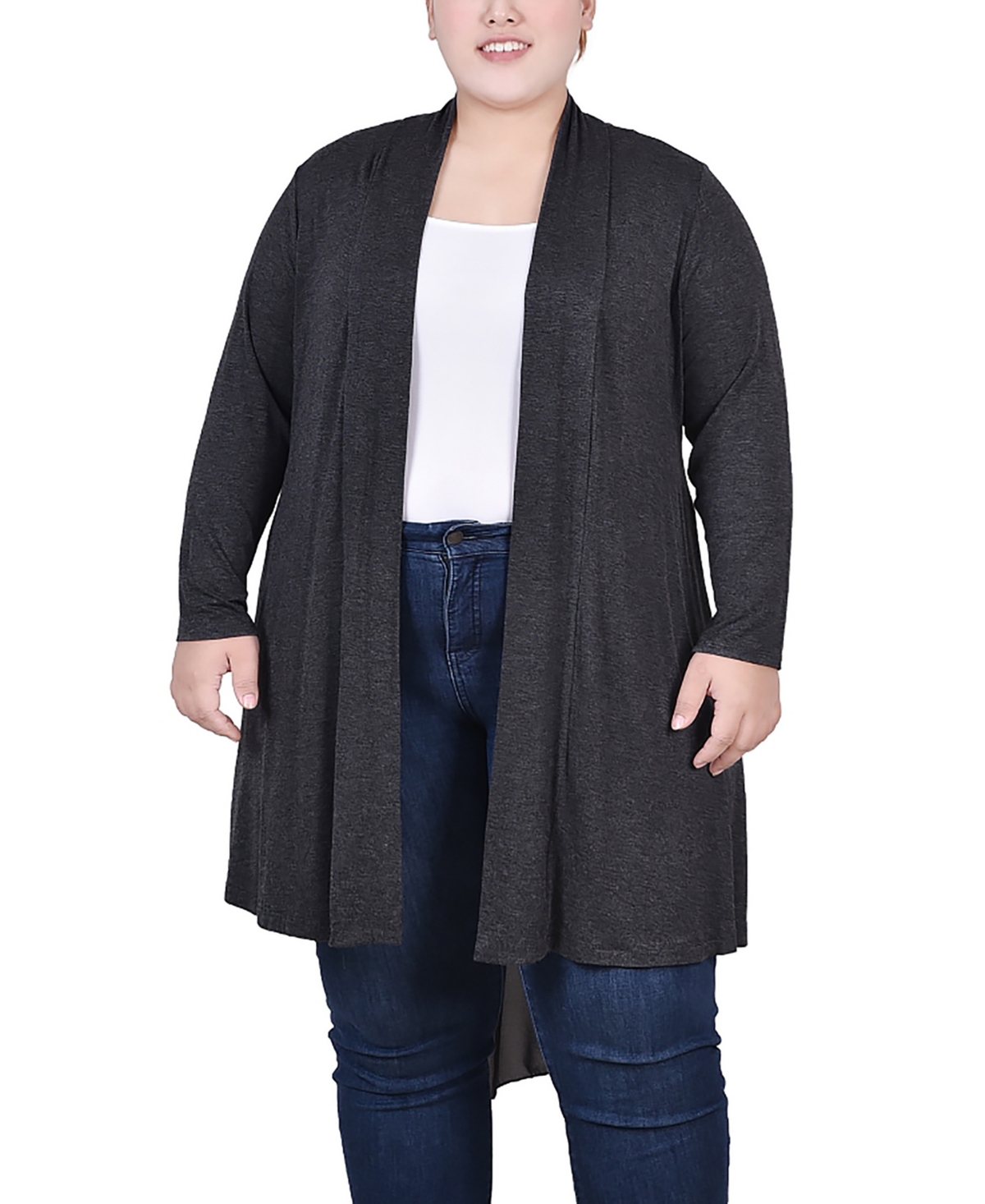 Plus Size Long Sleeve Knit Cardigan with Chiffon Back - Charcoal