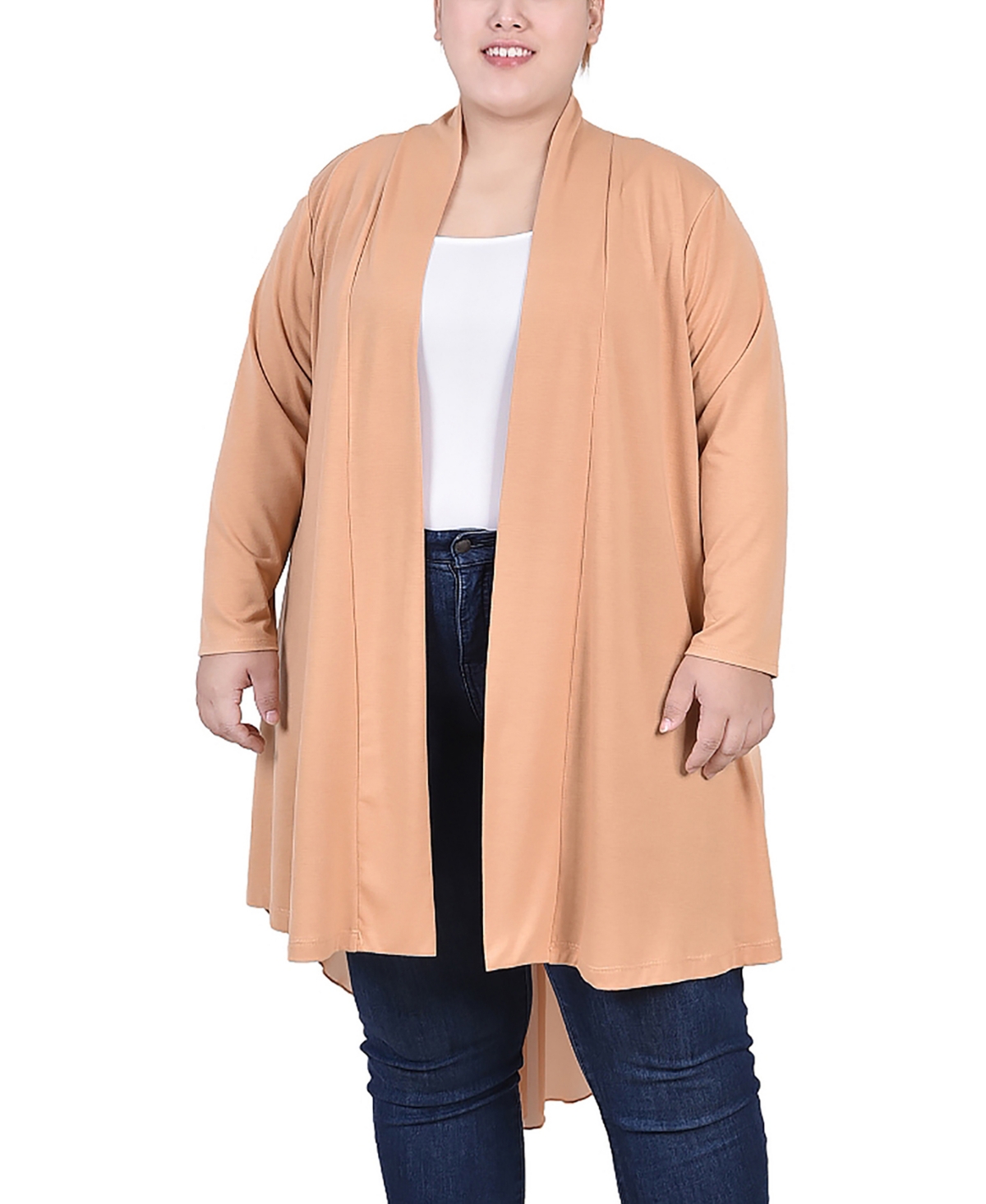 Ny Collection Plus Size Long Sleeve Knit Cardigan With Chiffon Back In Sand