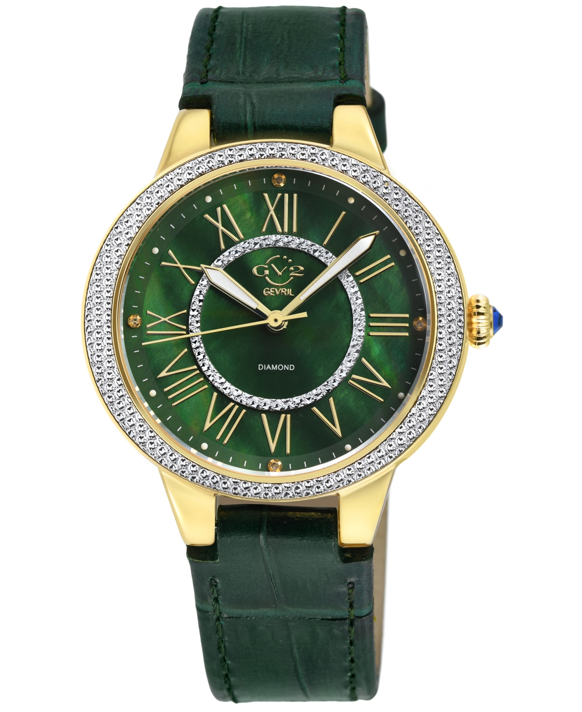 Gv2 By Gevril Women's Astor Ii Swiss Quartz Diamond Accents Green Hand Made Italian Leather Strap Wa In Silver