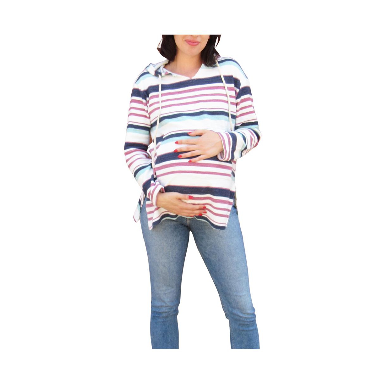 Women Stripe Pocket Front Maternity Hoodie - White