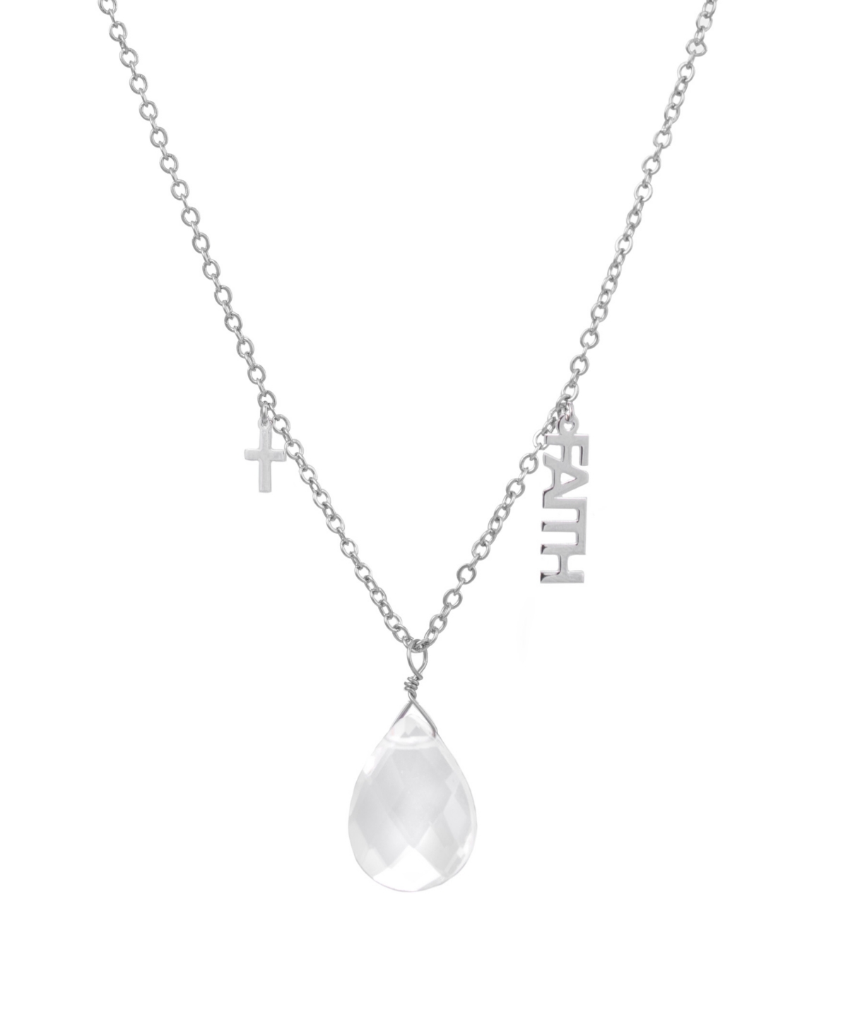 Macy's Clear Quartz Pear Shape Bead 16mm Charm Necklace In Fine Silver Plated Brass In Fine Silver Plated Brass