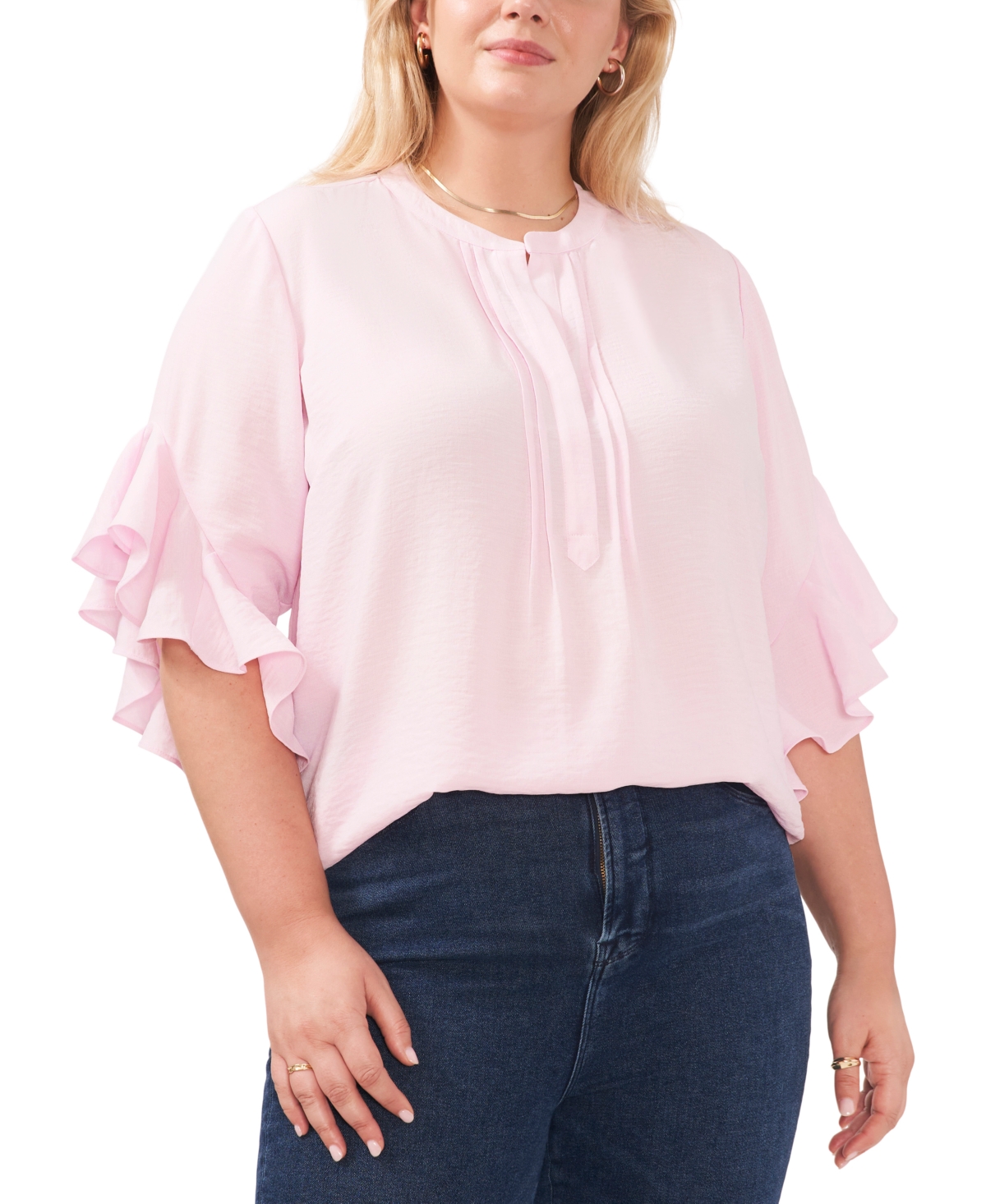 Vince Camuto Plus Size Ruffle Sleeve Henley Blouse In Pink Chalk