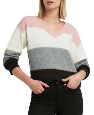 H Halston - Women's Striped V-Neck Drop-Shoulder Sweater