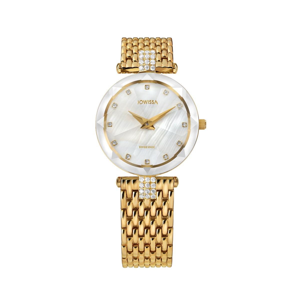 Facet Strass Swiss Gold Plated Ladies 30mm Watch - Mop Dial - White