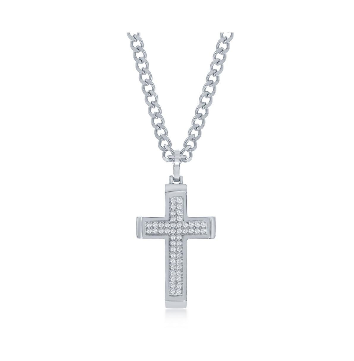 Blackjack Mens Stainless Steel Polished Cz Cross Necklace In Silver