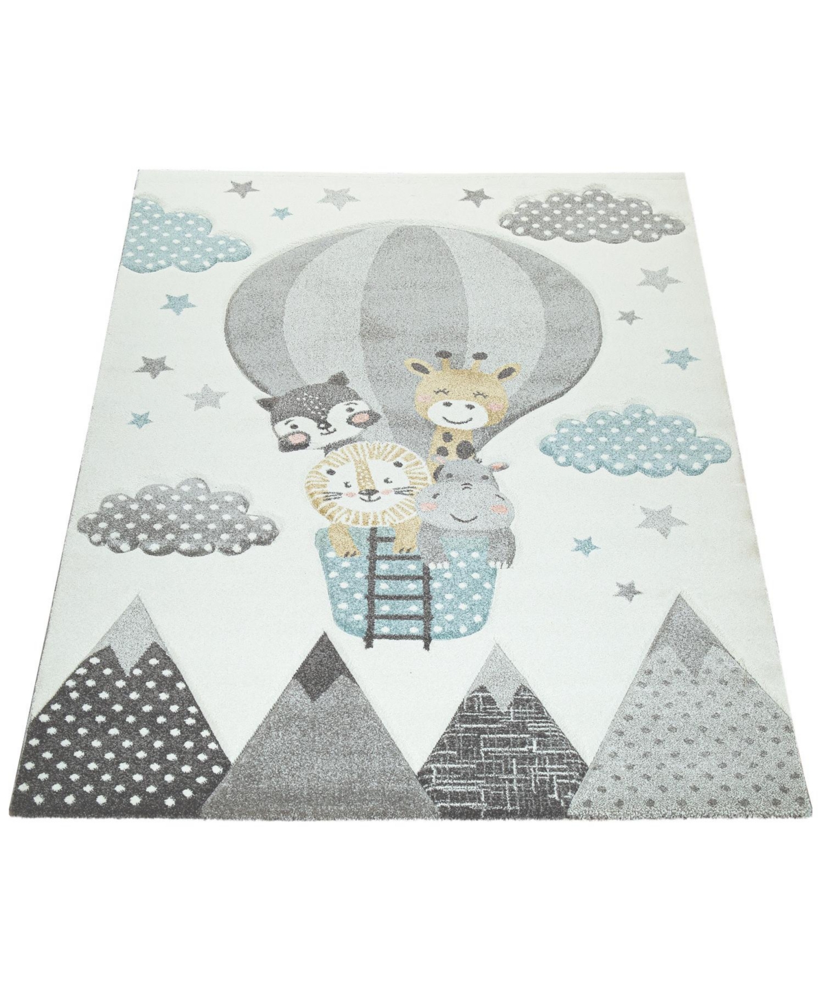 Kids Rug Cosmo Animal Adventurer On A Balloon Ride In Cream - 32" X 59"