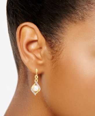 Cultured Freshwater Pearl (7 mm) & Cubic Zirconia Twist Drop Earrings in 14k Two-Tone Gold-Plated Sterling Silver
