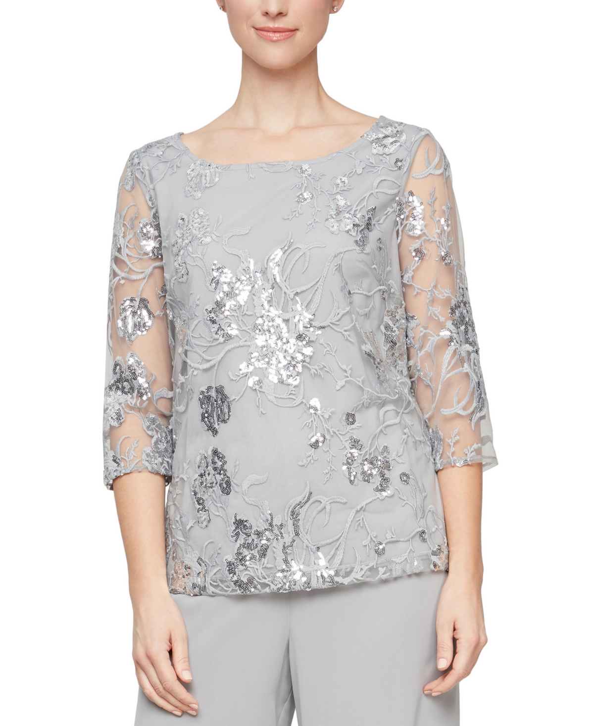  Alex Evenings Women's Sequined Embroidered Illusion-Sleeve Top