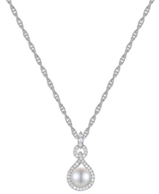 Macy's - Cultured Freshwater Pearl (7-1/2mm) & Diamond (1/4 ct. t.w.) 18" Pendant Necklace in 10k Gold