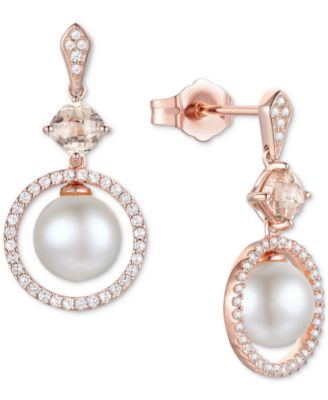 Macy's - Cultured Freshwater Pearl (6-1/2mm), Morganite (5/8 ct. t.w.) & Diamond (1/3 ct. t.w.) Circle Drop Earrings in 10k Rose Gold