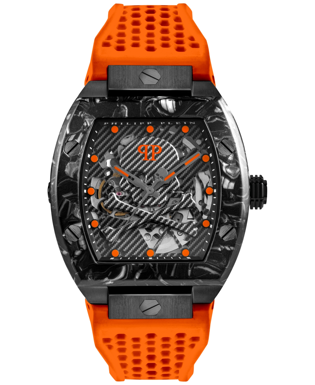 Shop Philipp Plein Men's Automatic The $keleton Sport Master Orange Perforated Silicone Strap Watch 44x56mm In Ip Black