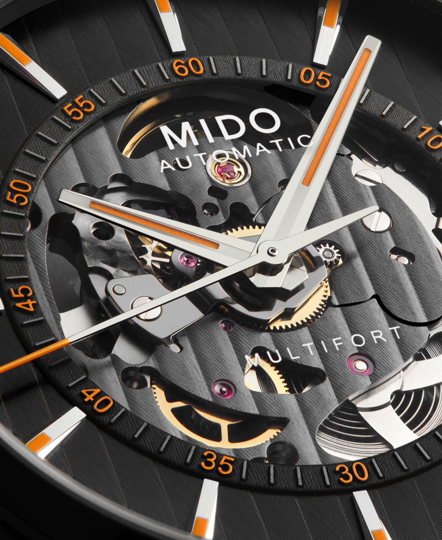 Мужские часы Mido Swiss Automatic Multifort Skeleton Vertigo Black and Orange Fabric Strap Watch 42mm — фото 6