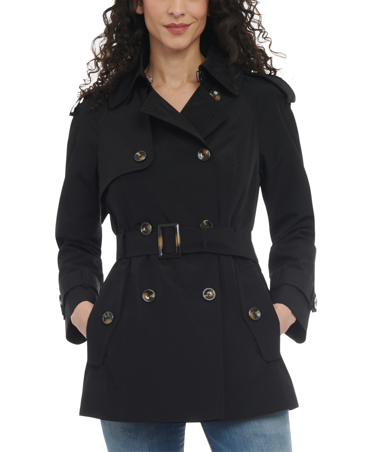 Shop London Fog Women's Double-breasted Belted Trench Coat In Black