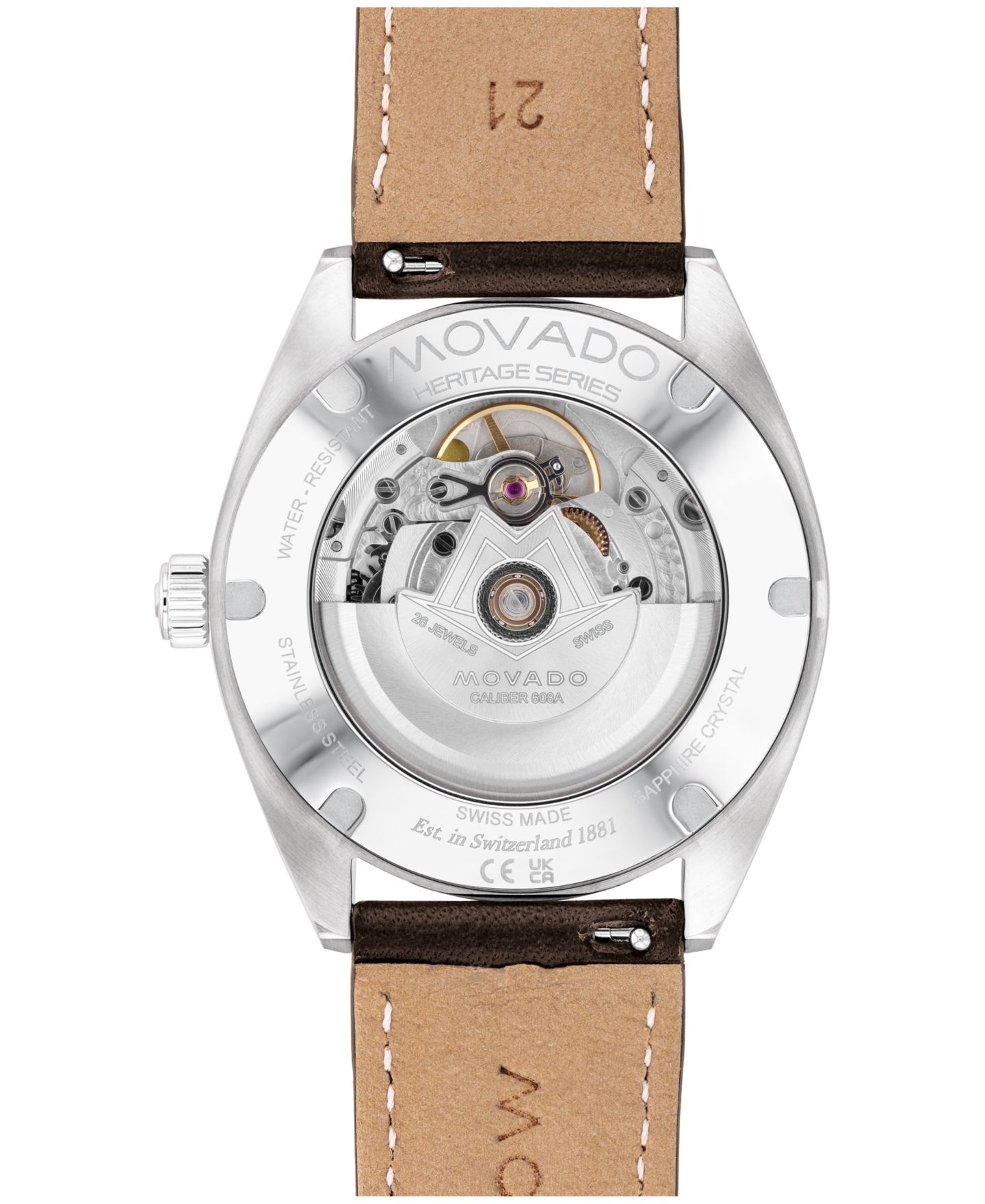 Мужские часы Movado Heritage Datron Swiss Automatic Chocolate Genuine Leather Strap Watch 40mm — фото 2