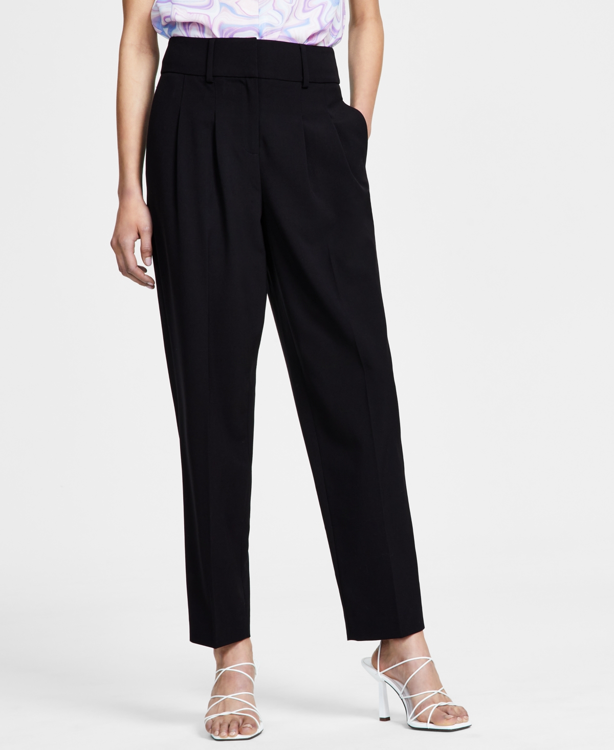 Bar Iii Collarless Open Front Jacket Bow Neck Blouse Straight Leg Pants Created For Macys In Black